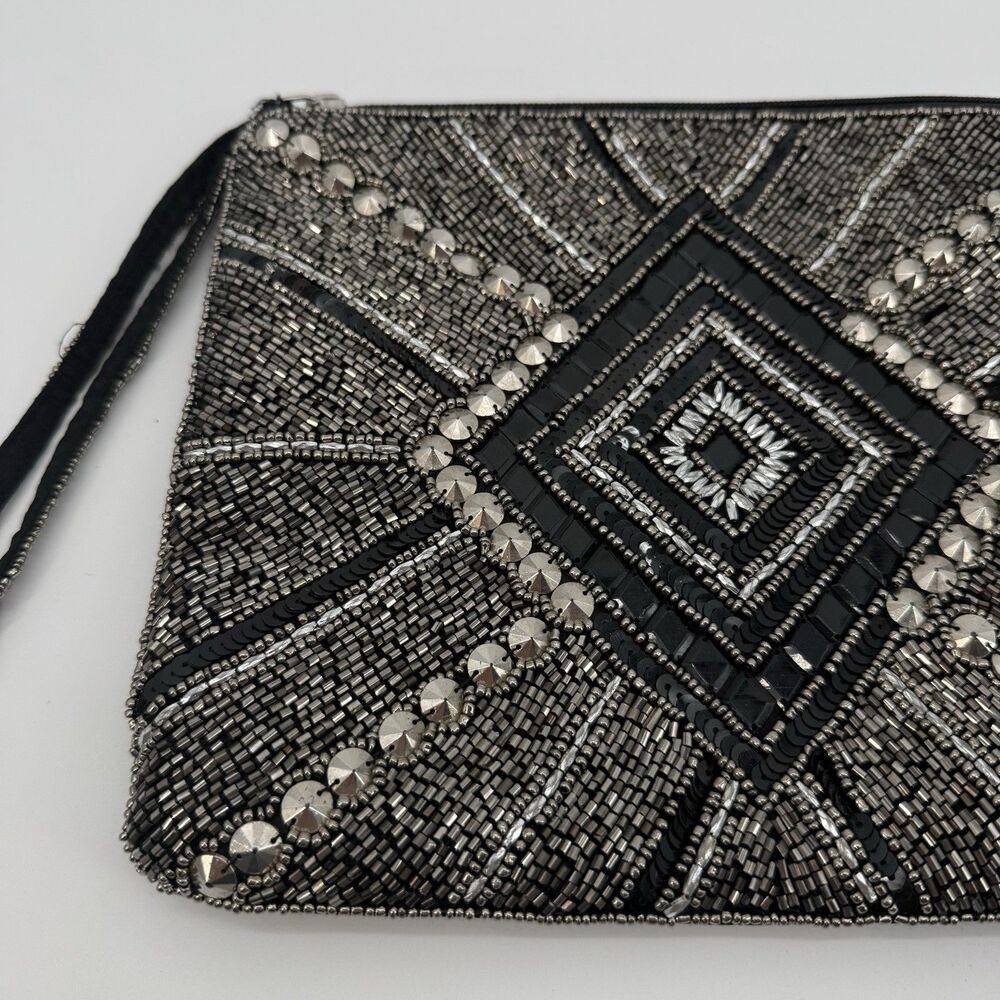 Unbranded Black Sequin Beaded Pouch Bag Travel India Silver Clutch - Picture 2 of 11